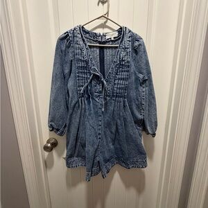 Denim Tunic Peasant Top with Tie Front
